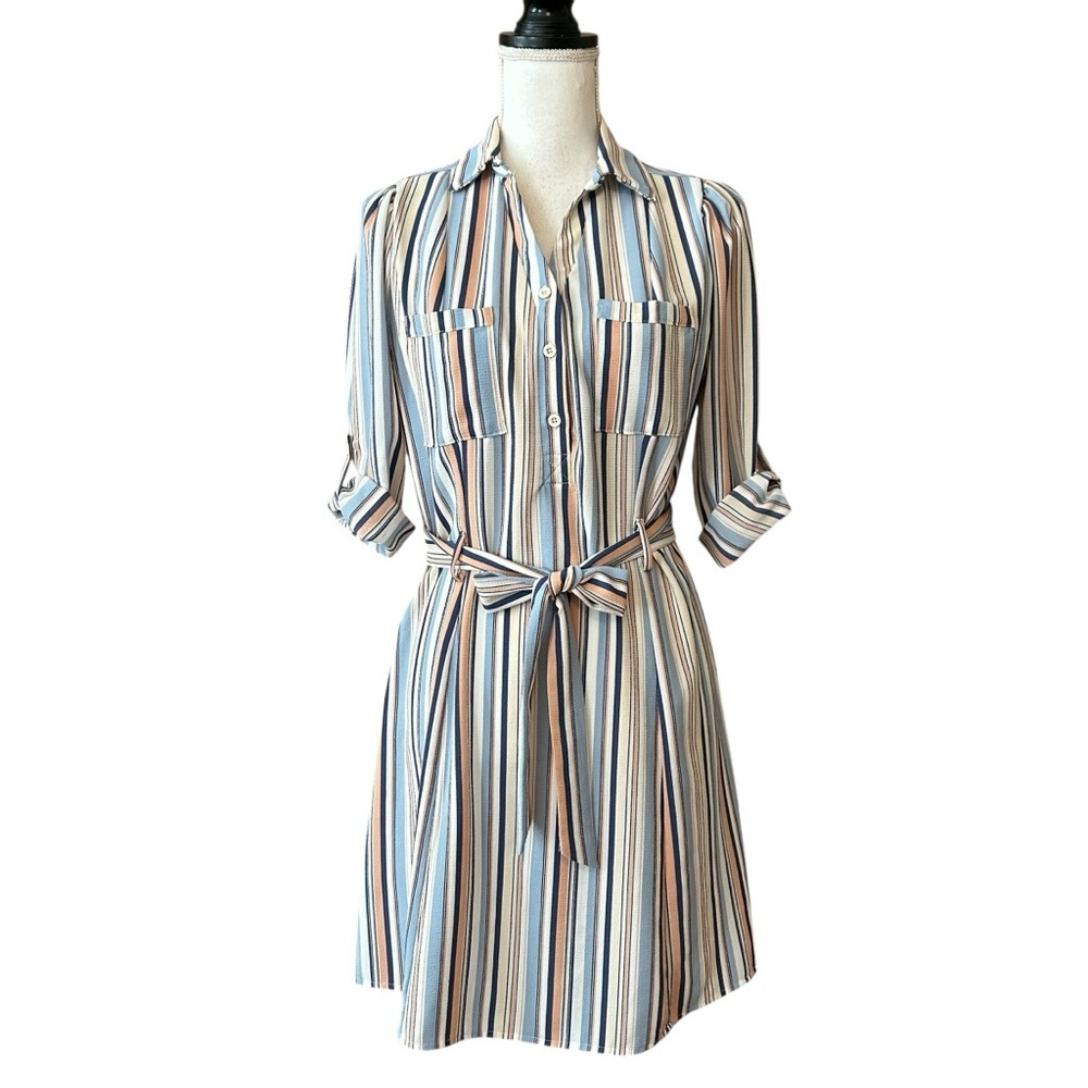 Pie in the Sky Half Button Striped Shirt Dress Women’s‎ SZ Medium in Pink Blue